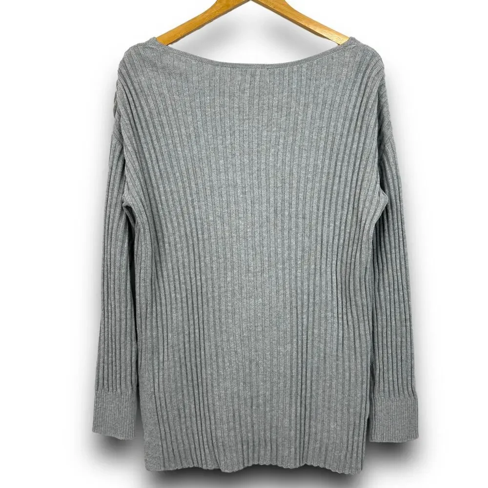 NEW Open Edit Ribbed Sweater Asymmetric Vneck Tunic Long Sleeve Gray Size Small